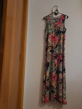 Attitudes by Renee Black Tropical Floral Maxi Dress with Pink & Green